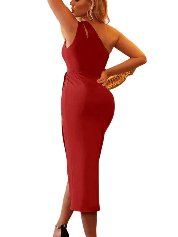 asymmetrical hem dress,high-neck,high-neck dress,ladies Wrinkle resistant,midi,party,party dress,polyester,polyester dress,Quick drying midi dress,sheath,sheath dress,sleeveless,sleeveless dress,slim,slim dress,slip-on,slip-on dress,slit,solid,solid dress,summer,summer dress,wrap,wrap dress-LeStyleParfait