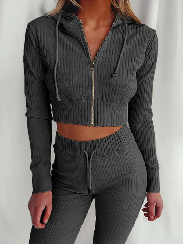 Chic Women Casual Knit Two-Piece Jogger Set Hooded Zipper Long Sleeve Slim Fit Cotton Blend Fall | LeStyleParfait