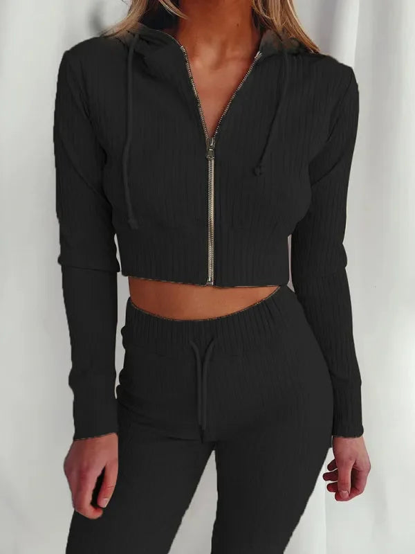 Chic Women Casual Knit Two-Piece Jogger Set Hooded Zipper Long Sleeve Slim Fit Cotton Blend Fall | LeStyleParfait