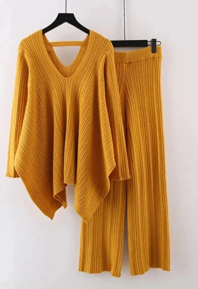 Chic Women Casual Mustard Two-Piece Sweater Set - Casual Sweater Set - LeStyleParfait