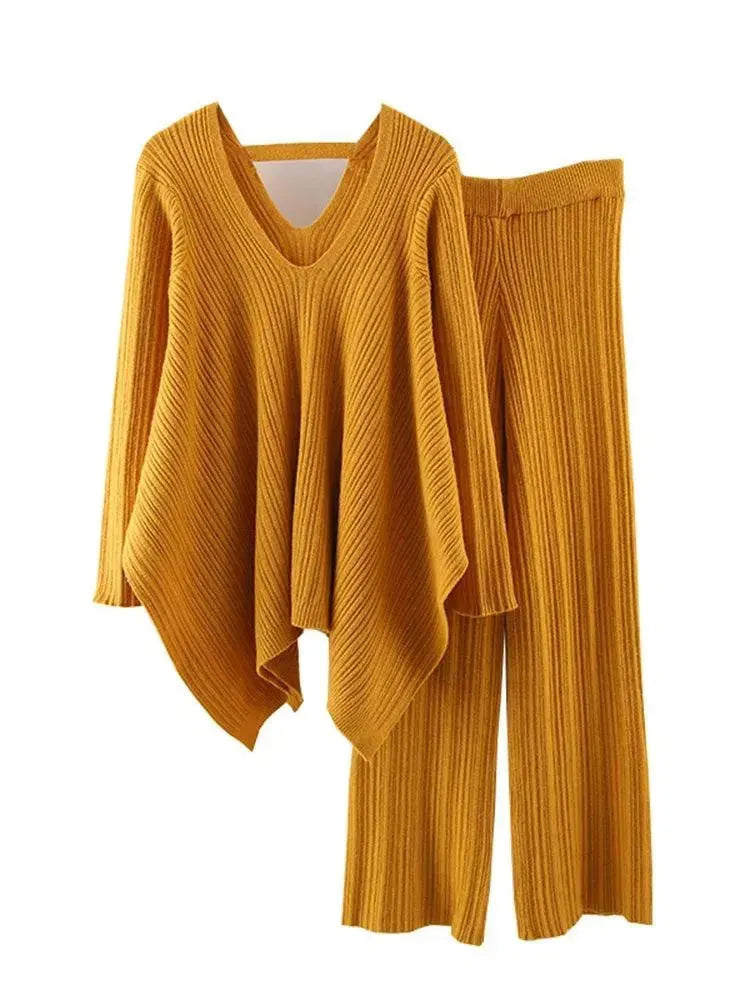Chic Women Casual Mustard Two-Piece Sweater Set - Casual Sweater Set - LeStyleParfait