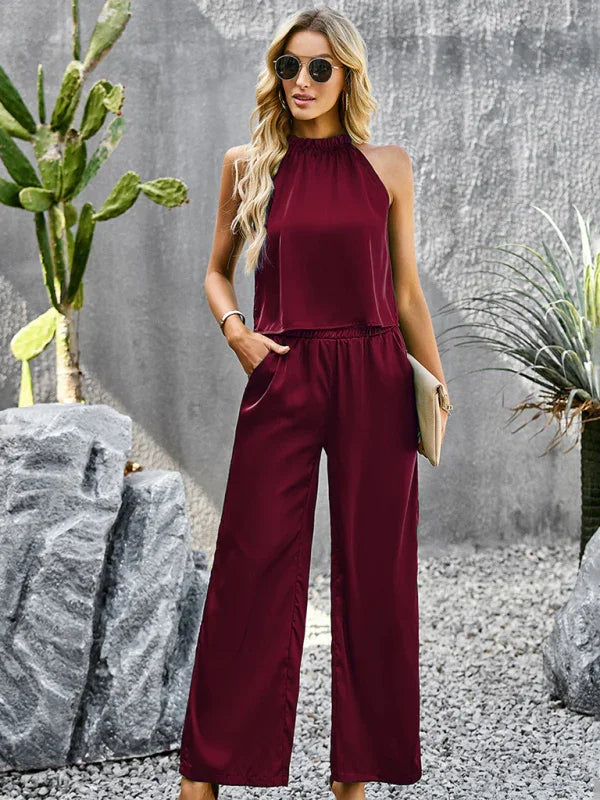 Chic Women Casual Satin Two-Piece Set - Casual Pants Set - LeStyleParfait