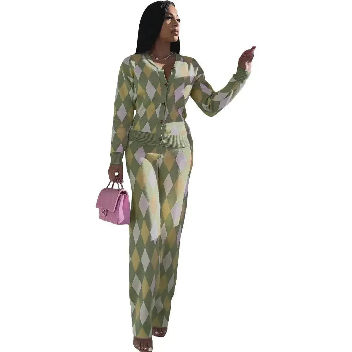 Chic Women Knit Two-Piece Geometric Pants Set - Geometric Pants Set - LeStyleParfait