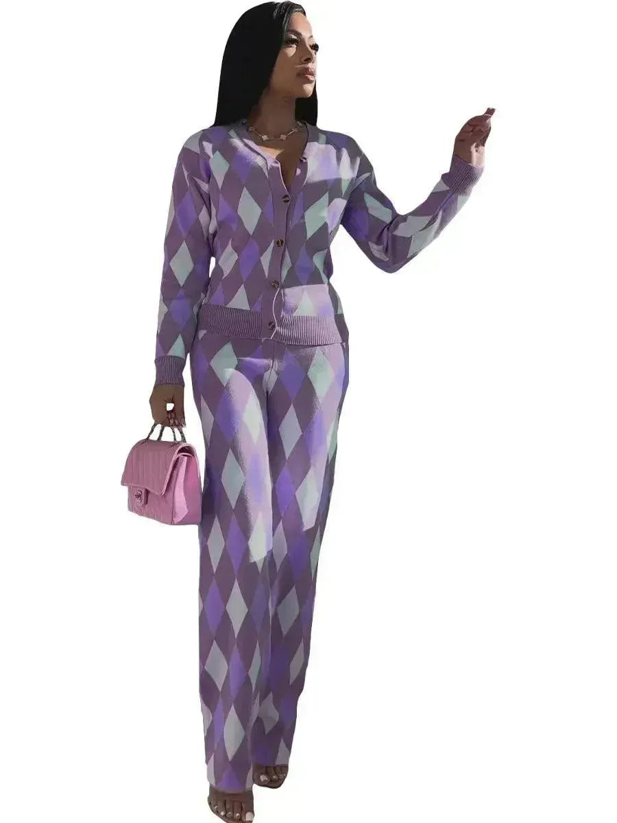 Chic Women Knit Two-Piece Geometric Pants Set - Geometric Pants Set - LeStyleParfait