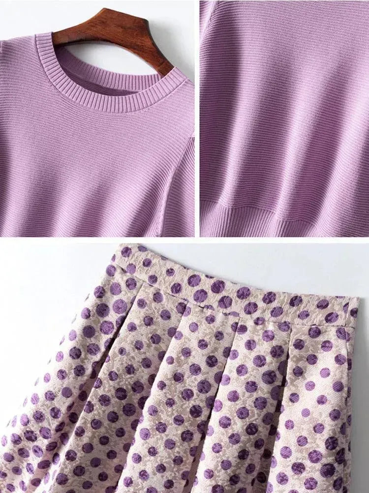 Chic Women Polka Dot Knit Two-Piece Skirt Set - Polka Dot Skirt Set - LeStyleParfait