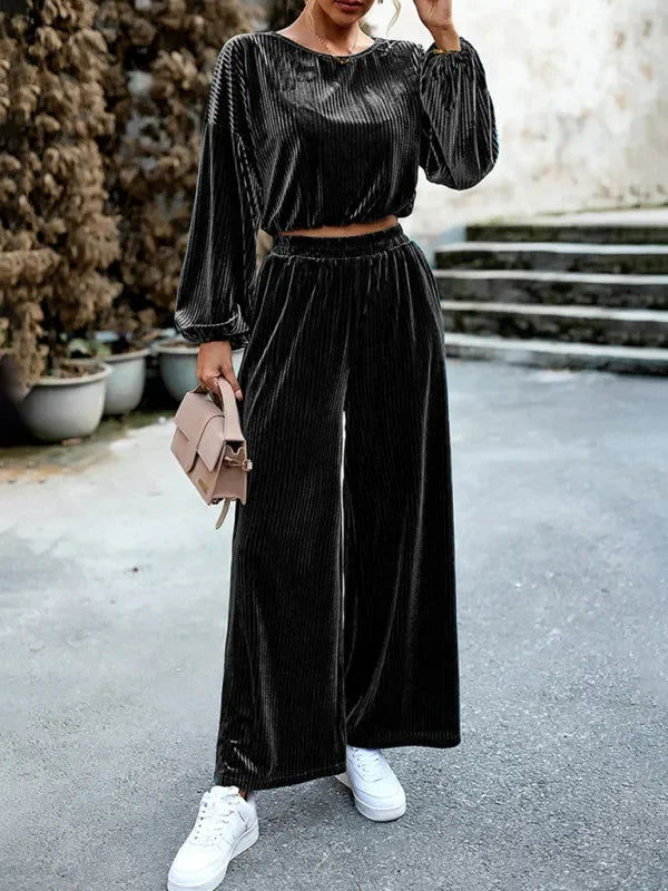 Chic Women Striped Wide-Leg Two-Piece Set - Striped Wide-Leg Set - LeStyleParfait