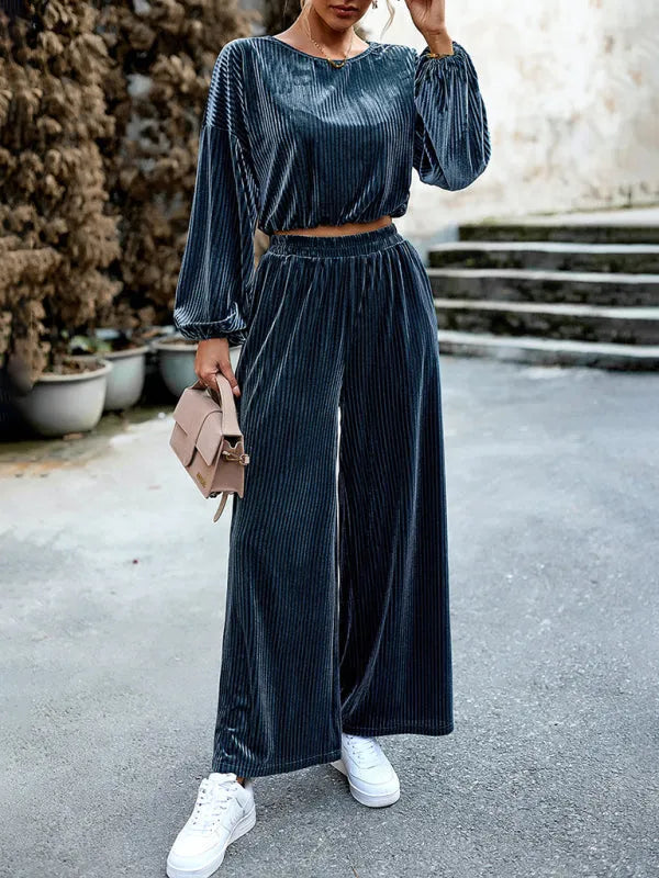 Chic Women Striped Wide-Leg Two-Piece Set - Striped Wide-Leg Set - LeStyleParfait