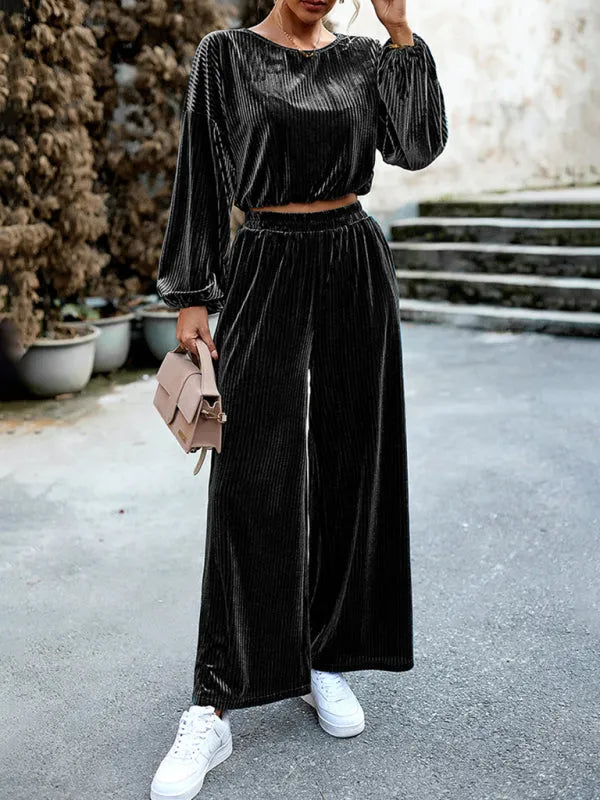 Chic Women Striped Wide-Leg Two-Piece Set - Striped Wide-Leg Set - LeStyleParfait