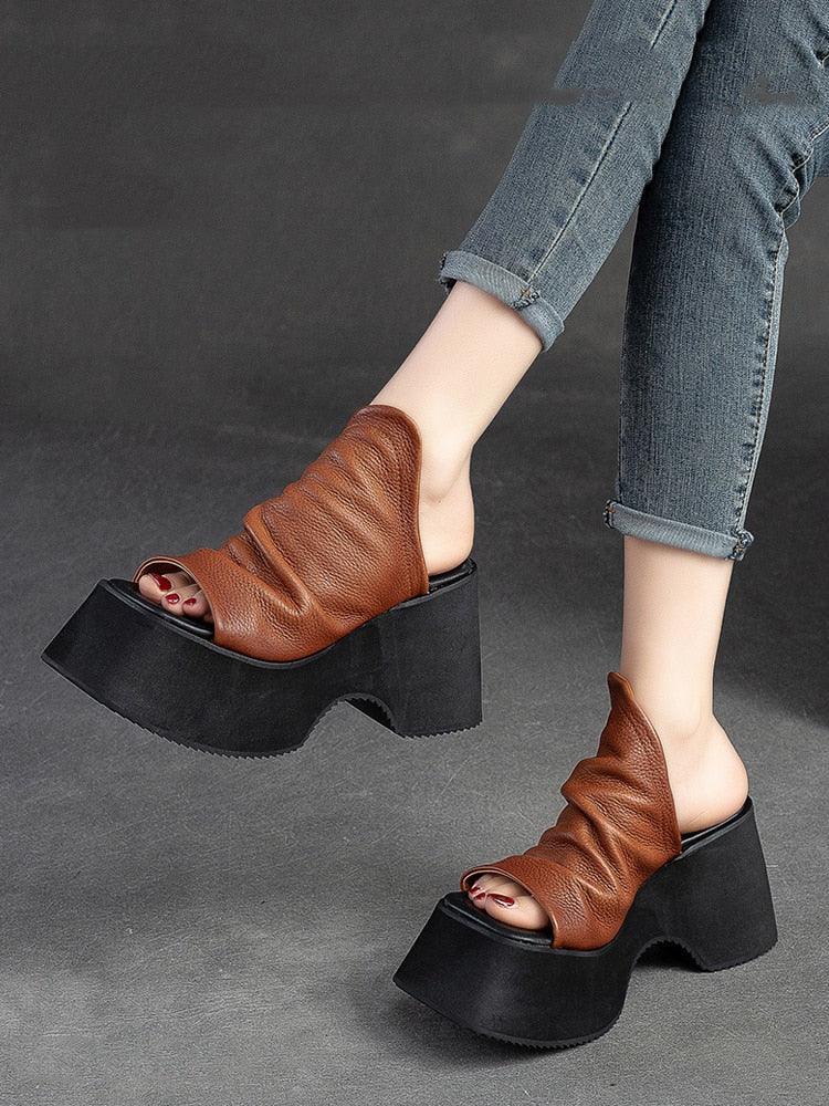 Chunky Heels Leather Wedge Sandals - Wedge Shoes - LeStyleParfait