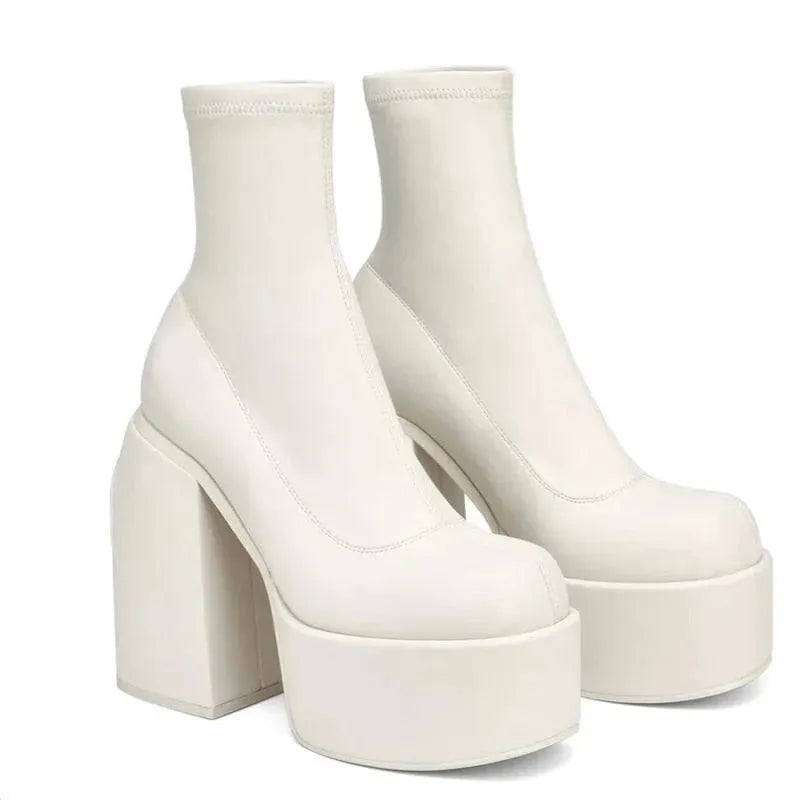 Chunky White Block Platform Boots - Wedge Shoes - LeStyleParfait