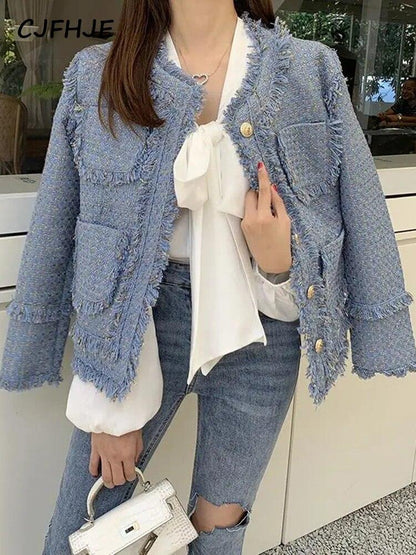 CJFHJE Tassel Elegant Short Tweed Jacket Women Blue Chic Winter Woolen Coats Female Korean Fashion Pockets Long Sleeve Outerwear - Tweed Blazer - LeStyleParfait