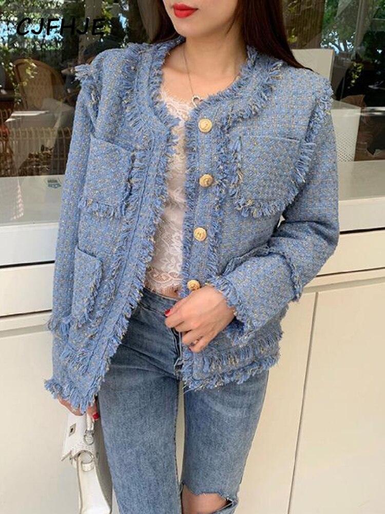 CJFHJE Tassel Elegant Short Tweed Jacket Women Blue Chic Winter Woolen Coats Female Korean Fashion Pockets Long Sleeve Outerwear - Tweed Blazer - LeStyleParfait