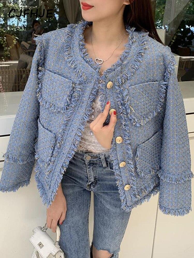 CJFHJE Tassel Elegant Short Tweed Jacket Women Blue Chic Winter Woolen Coats Female Korean Fashion Pockets Long Sleeve Outerwear - Tweed Blazer - LeStyleParfait