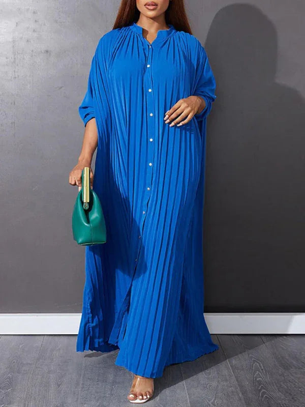 Classic Pleated Shirt Maxi Dress-Maxi Dress-LeStyleParfait