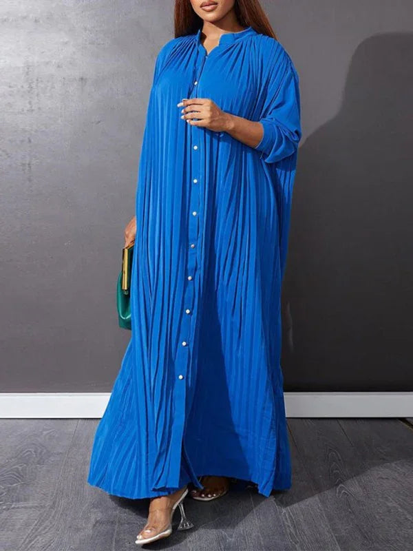 Classic Pleated Shirt Maxi Dress-Maxi Dress-LeStyleParfait
