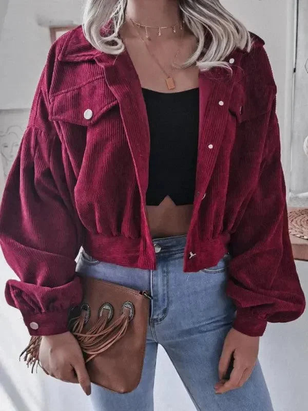 LeStyleParfait Women's Jackets Casual Jacket, Winter Jacket Buttons V-Neck Long Sleeves Plain-Solid-Crop Jacket