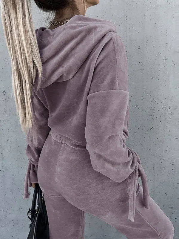 Cozy Women Casual Velvet Hoodie Two-Piece Lounge Set - Casual Lounge Set - LeStyleParfait