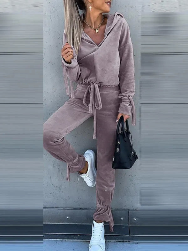 Cozy Women Casual Velvet Hoodie Two-Piece Lounge Set - Casual Lounge Set - LeStyleParfait