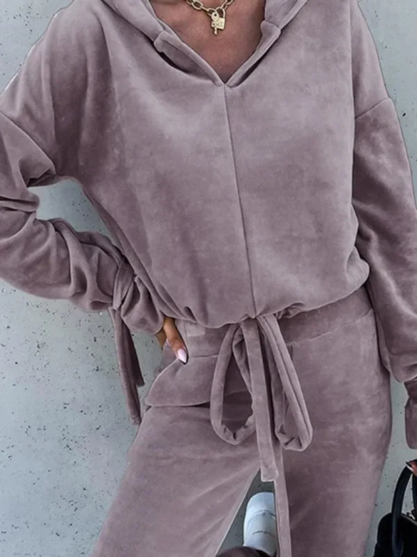 Cozy Women Casual Velvet Hoodie Two-Piece Lounge Set - Casual Lounge Set - LeStyleParfait