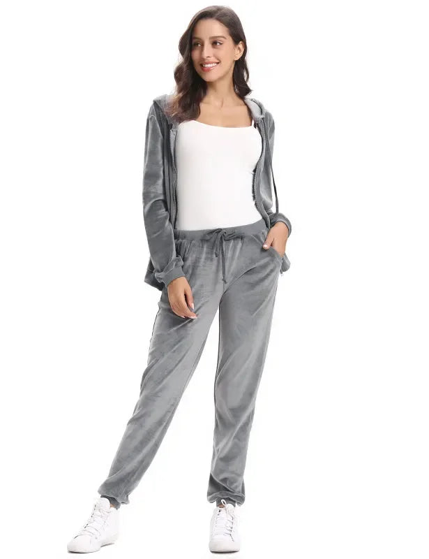 Cozy Women Jogger Set Casual Velvet Two-Piece Pants Set Lounge Zipper Long Sleeve Relaxed Fit Fall | LeStyleParfait