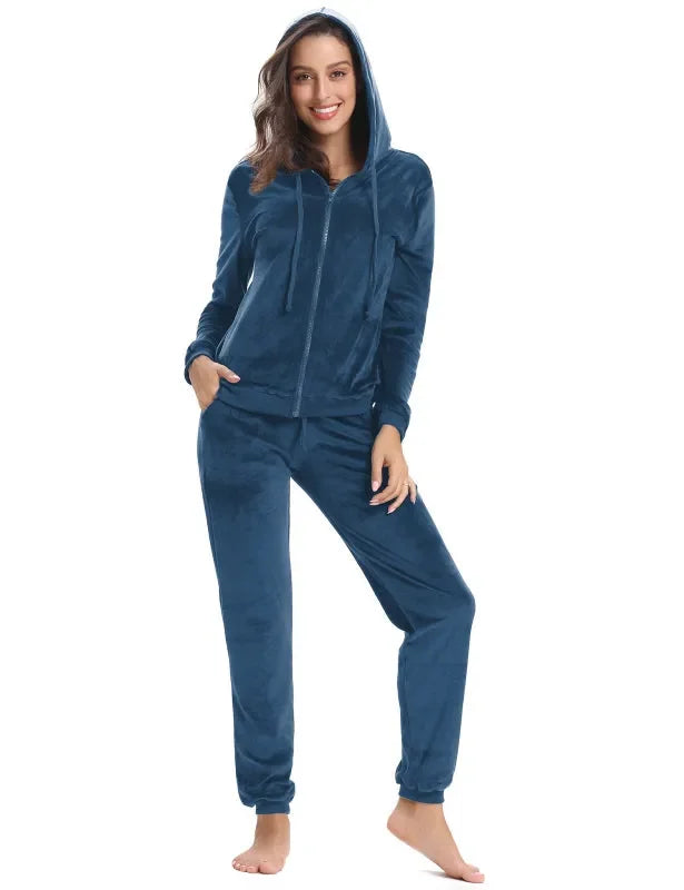 Cozy Women Jogger Set Casual Velvet Two-Piece Pants Set Lounge Zipper Long Sleeve Relaxed Fit Fall | LeStyleParfait