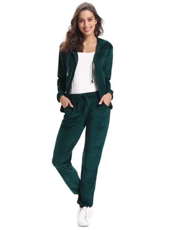Cozy Women Jogger Set Casual Velvet Two-Piece Pants Set Lounge Zipper Long Sleeve Relaxed Fit Fall | LeStyleParfait