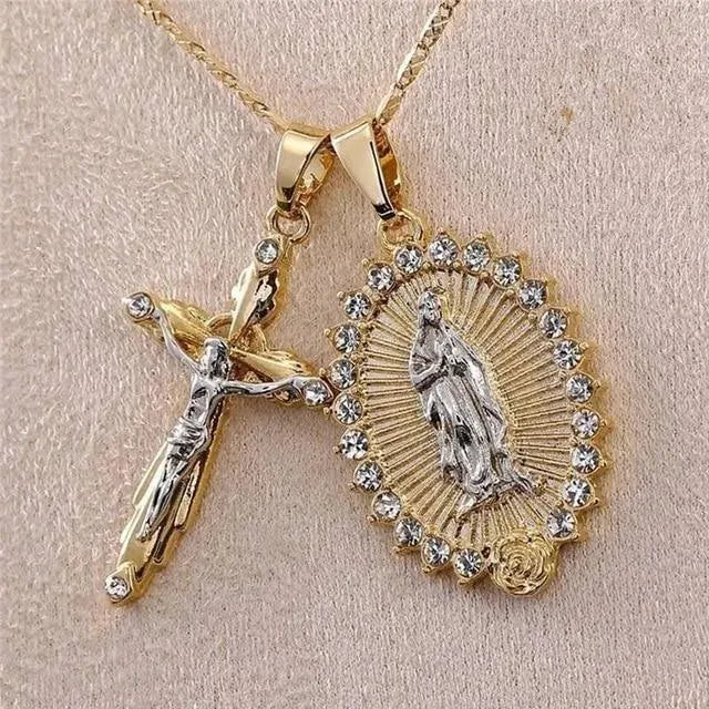 Crucifix + Virgin Mary Necklace - Pendant Necklace - LeStyleParfait