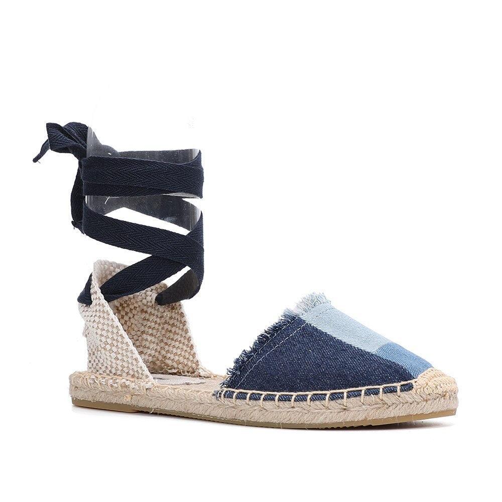 Denim T-Strap Espadrilles Flat Sandals - Sandals - LeStyleParfait