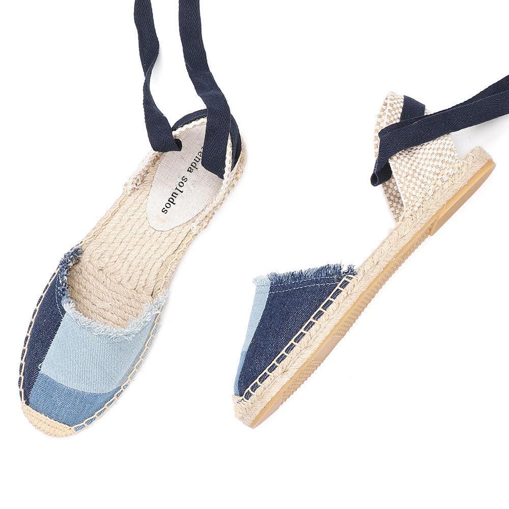 Denim T-Strap Espadrilles Flat Sandals - Sandals - LeStyleParfait