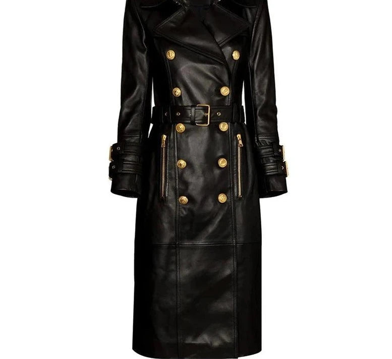 Double-Breasted Leather Women's Trench Overcoat - Trench Overcoat - LeStyleParfait