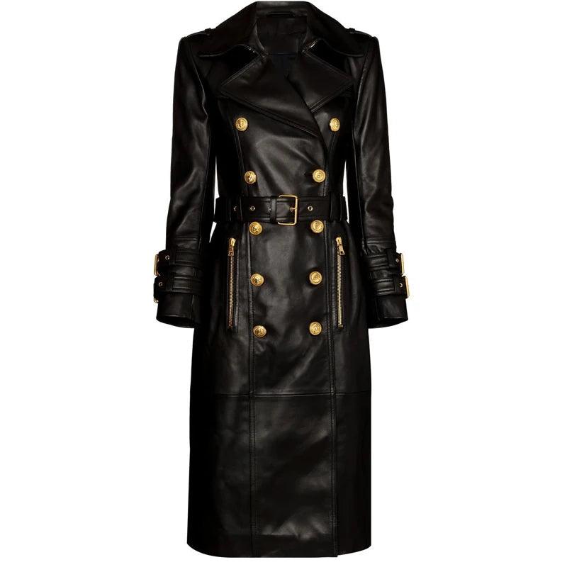 Double-Breasted Leather Women's Trench Overcoat - Trench Overcoat - LeStyleParfait