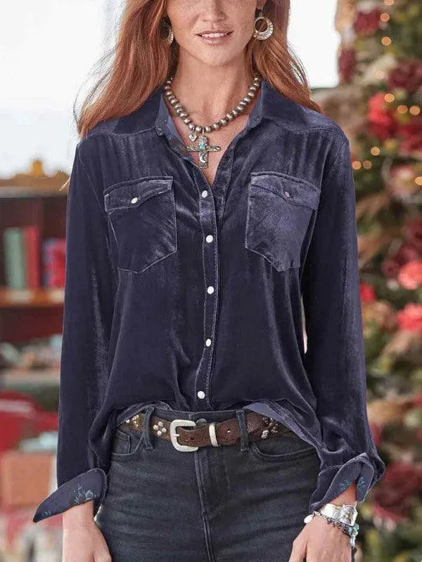Double-Pocketed Velvet Women Shirt - Women's Shirt - LeStyleParfait