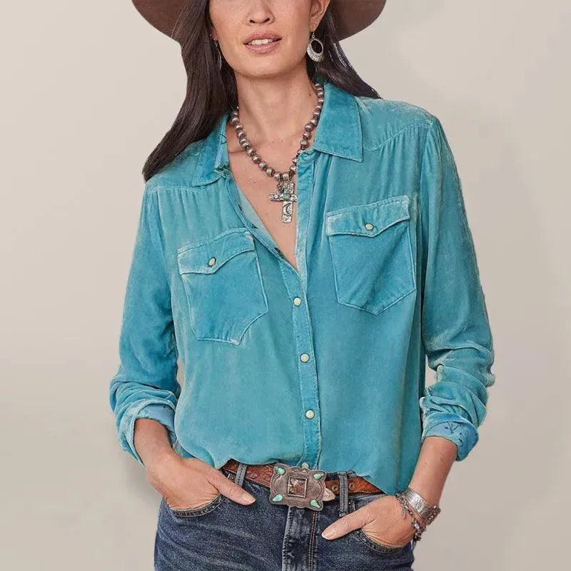 Double-Pocketed Velvet Women Shirt - Women's Shirt - LeStyleParfait