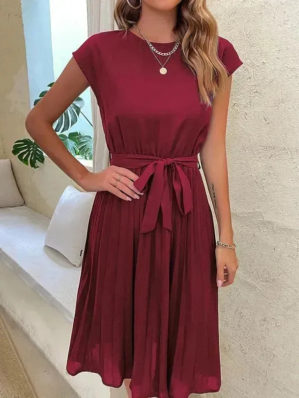 A-line,a-line dress,belt closure,belt closure dress,casual,casual dress,chiffon,chiffon dress,ladies Wrinkle resistant,midi,midi dress,midi hemline dress,pleated,pleated dress,pleats,Quick drying midi dress,regular,regular fit dress,round,round neckline dress,short sleeve,short sleeve dress,solid,solid dress,straight,summer,summer dress-LeStyleParfait