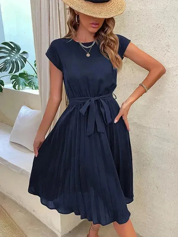 A-line,a-line dress,belt closure,belt closure dress,casual,casual dress,chiffon,chiffon dress,ladies Wrinkle resistant,midi,midi dress,midi hemline dress,pleated,pleated dress,pleats,Quick drying midi dress,regular,regular fit dress,round,round neckline dress,short sleeve,short sleeve dress,solid,solid dress,straight,summer,summer dress-LeStyleParfait