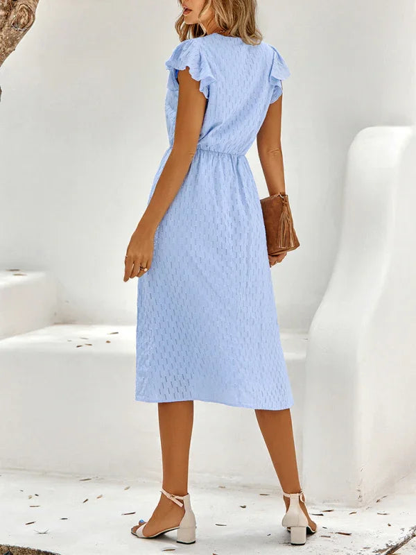 A-line,A-line bottom style dress,A-line dress,casual,casual dress,casual occasion dress,chiffon,cotton dress,flowy,ladies Wrinkle-resistant,midi,midi hemline dress,Quick drying midi dress,relaxed dress,ruffles,short sleeve,short sleeves dress,slip-on,slip-on dress,solid,solid dress,straight,summer,summer dress,V-neck,V-neck dress-LeStyleParfait