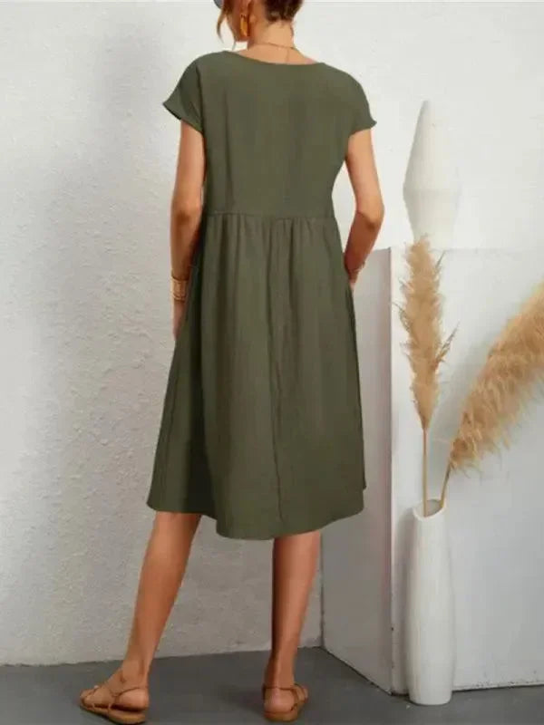 A-line,a-line dress,casual,casual dress,cotton,cotton dress,knee-length,knee-length dress,ladies Pockets,loose,loose fit dress,pockets,Quick drying knee-length dress,round,round neckline dress,short sleeve,short sleeves dress,slip-on,slip-on dress,solid,solid dress,straight,straight dress,summer,summer dress,Wrinkle resistant-LeStyleParfait