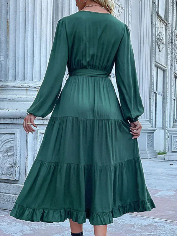 A-line,A-line dress,button-down,button-down dress,casual,casual dress,chiffon,chiffon dress,flowy,ladies Wrinkle resistant,long sleeve,long sleeves dress,midi,midi hem dress,pleated,pleated dress,pleats,Quick drying midi dress,ruffled,solid,solid dress,spring,spring dress,V-neck,V-neck dress-LeStyleParfait