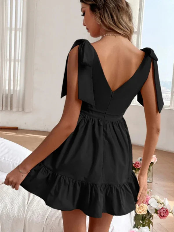 A-line,a-line dress,cotton,cotton dress,flared,flared dress,flowy,ladies Wrinkle resistant,mini,party,party dress,Quick drying mini dress,ruffled,ruffled hem dress,ruffles,sleeveless,sleeveless dress,slip-on,slip-on dress,solid,solid dress,summer,summer dress,V-neck,v-neck dress-LeStyleParfait