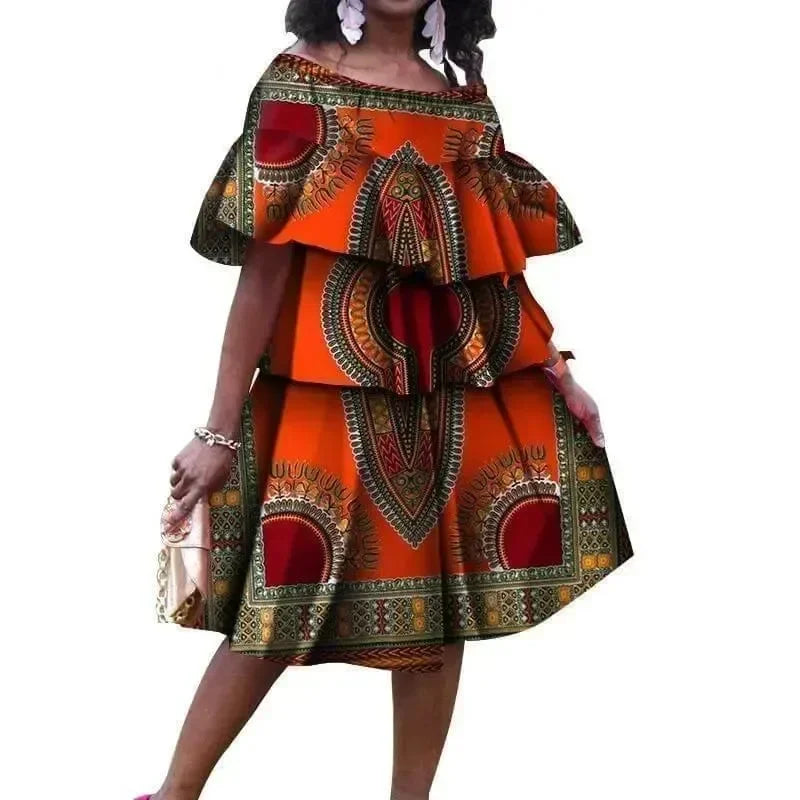 Elegant African Print Cotton Knee Dress fashion image