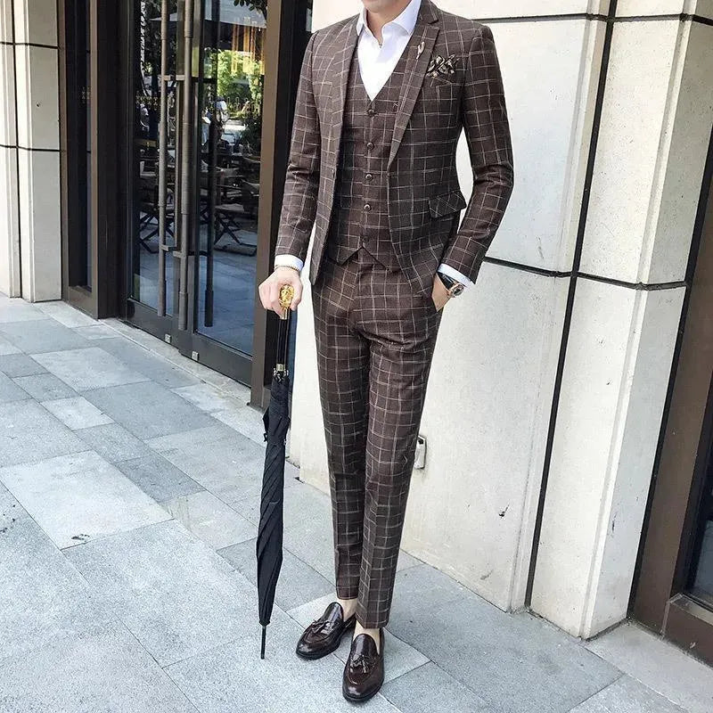 Elegant Brown Plaid Three Piece Suit - Plaid Suit - LeStyleParfait