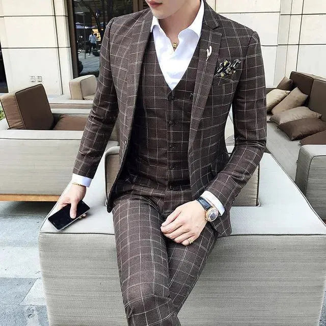 Elegant Brown Plaid Three Piece Suit - Plaid Suit - LeStyleParfait