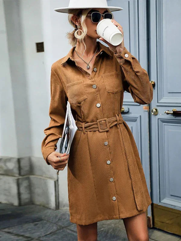 Elegant Brown Suede Button Mini Dress