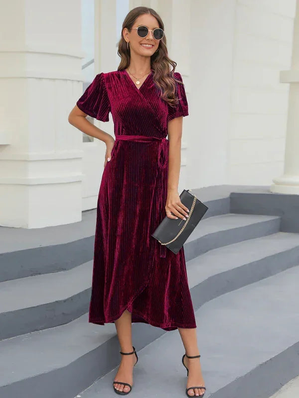 Elegant Brown Velvet Wrap Maxi Dress