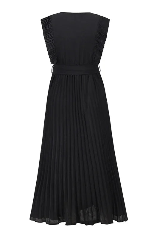 A-line,A-line dress,chiffon,chiffon dress,fit & flare dress,fit-and-flare dress,flared,flowy,ladies Wrinkle resistant,midi,midi hem dress,party,party dress,pleated,pleated dress,Quick drying midi dress,ruffles,short-sleeve dress,slip-on,slip-on dress,solid,solid dress,straight,summer,summer dress,V-neck,V-neck dress-LeStyleParfait