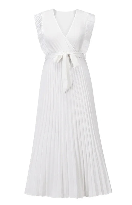 A-line,A-line dress,chiffon,chiffon dress,fit & flare dress,fit-and-flare dress,flared,flowy,ladies Wrinkle resistant,midi,midi hem dress,party,party dress,pleated,pleated dress,Quick drying midi dress,ruffles,short-sleeve dress,slip-on,slip-on dress,solid,solid dress,straight,summer,summer dress,V-neck,V-neck dress-LeStyleParfait