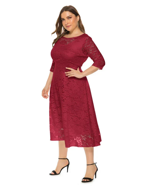 Elegant Lace Round Neck Midi Dress