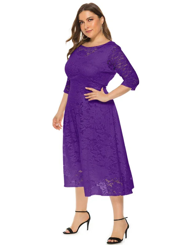 Elegant Lace Round Neck Midi Dress