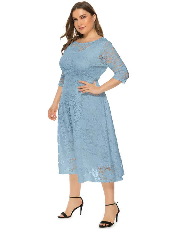 Elegant Lace Round Neck Midi Dress