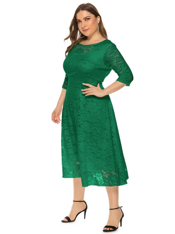 Elegant Lace Round Neck Midi Dress